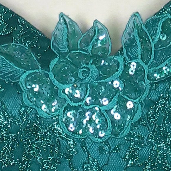 Vintage 80s Gunne Sax Green Metallic Lurex Floral Lace Full Skirt Prom Dress S - Picture 9 of 12